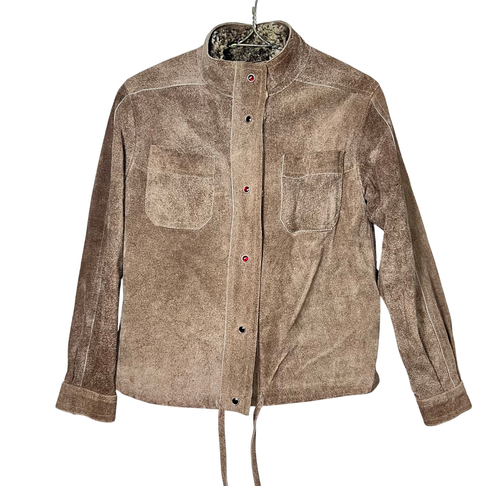 Vintage 70s Suede Jacket Size Medium Brown Snap Front Faux Fur Lining Grunge